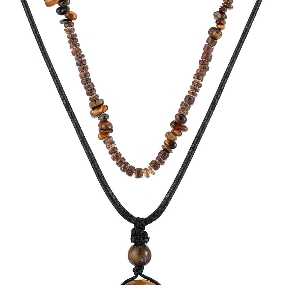 Summer Beach Layered Choker Necklace With Tiger Eye & Coconut Shell - Unisex